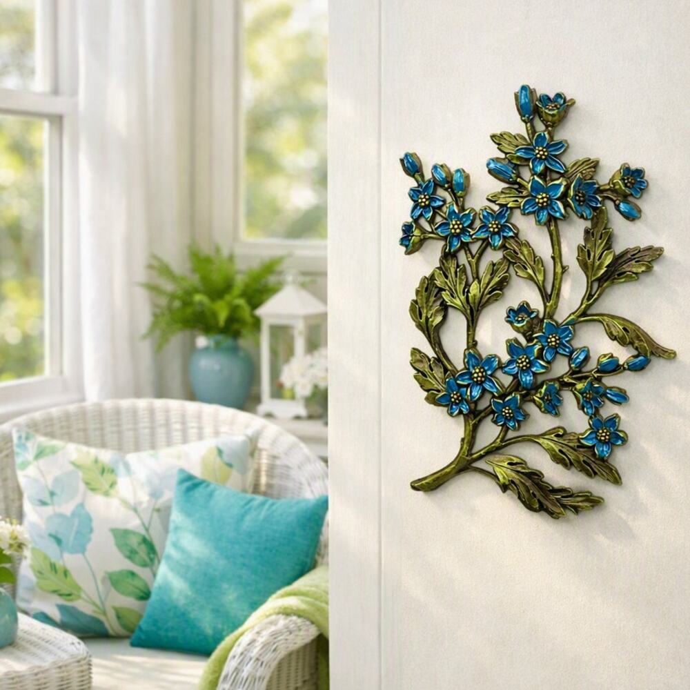 Vintage Syroco Dogwood Blossoms Wall Art Cerulean Blue Olive Green MCM Decor